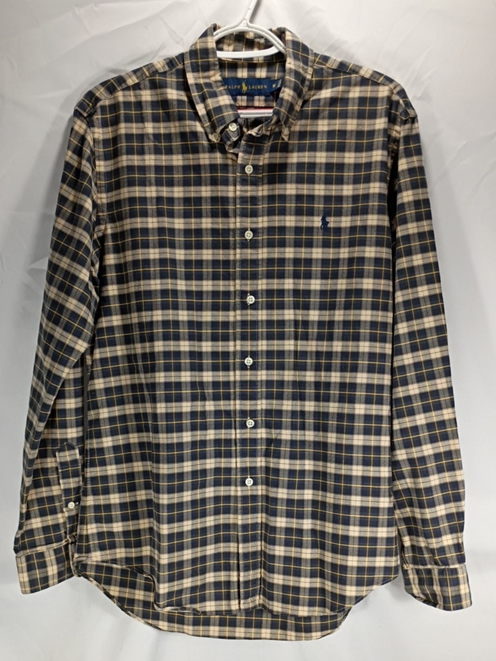 EUC Ralph Lauren Navy and Cream Plaid Button-Down Shirt Mens Size Medium Fall